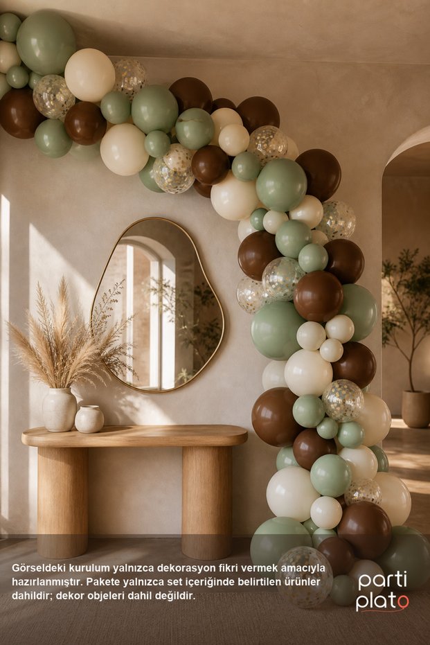 Set of 72 Boho Eucalyptus Balloon Arches, Includes Eucalyptus Sea Sand Chocolate Transparent Gold Confetti Chain Tape