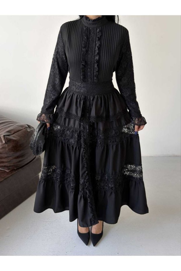 Women's Black Atlas Fabric Guipure Detailed Maxi Dress Jen2628