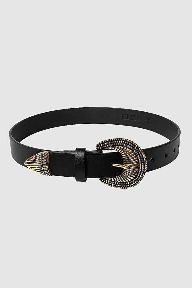 Buckle Embellished Faux Leather Belt - Black