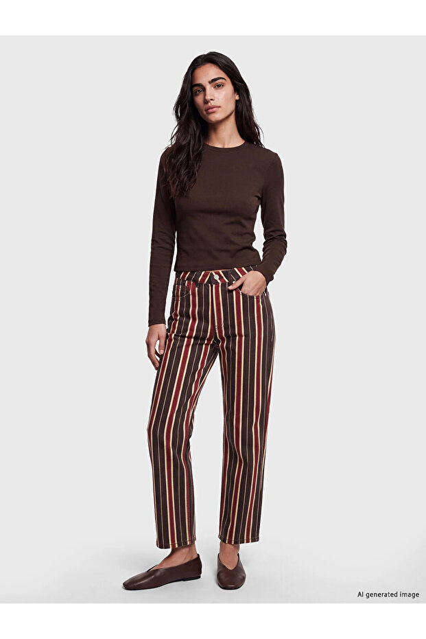 Lcw Jeans Red Striped Straight Fit Women's Jean Pants