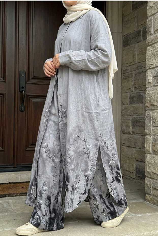 Women's Rose Patterned Hijab Two-Piece Set – Long Shirt Tunic and Wide-Leg Pants Set