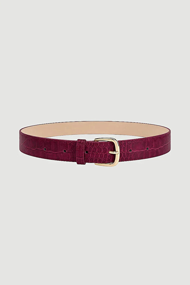 Crocodile Patterned Faux Leather Belt with Gold Buckle - Burgundy