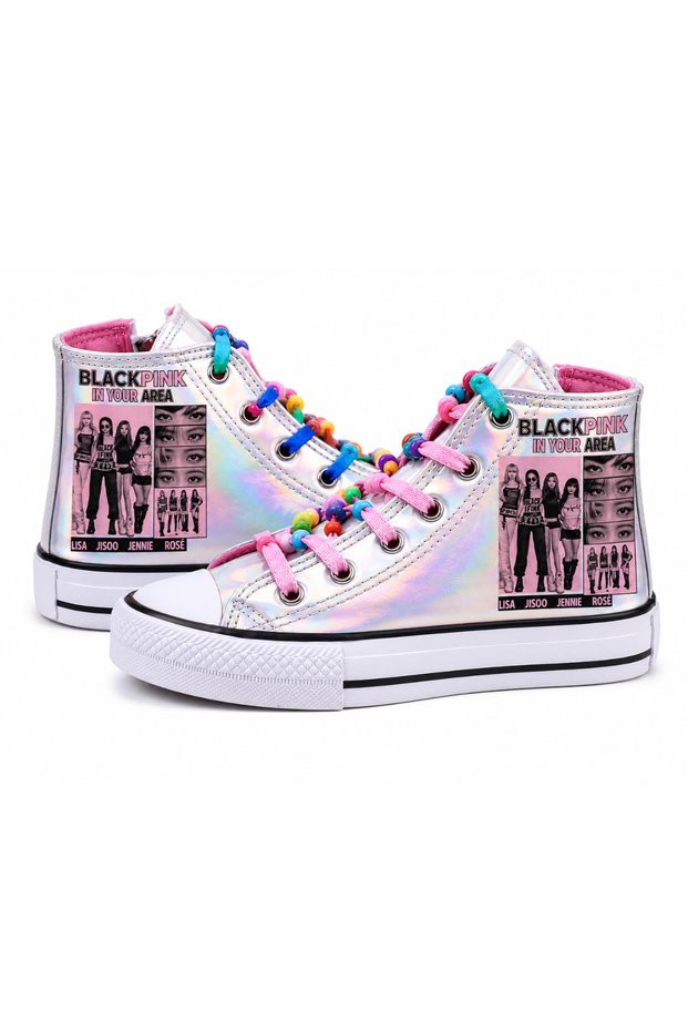 Bpink Printed Girls' Zippered Hologram Leather Beaded School Shoes Sneaker Sports Shoes