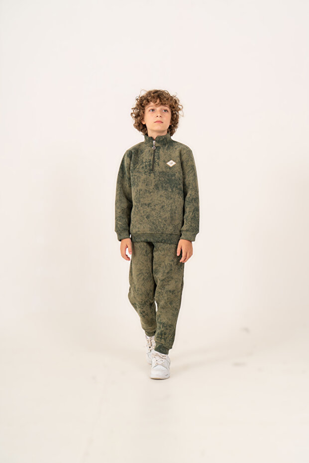 Boy's Tie-Dye Patterned Half-Zipper 3 Thread Sweatshirt Tracksuit Set