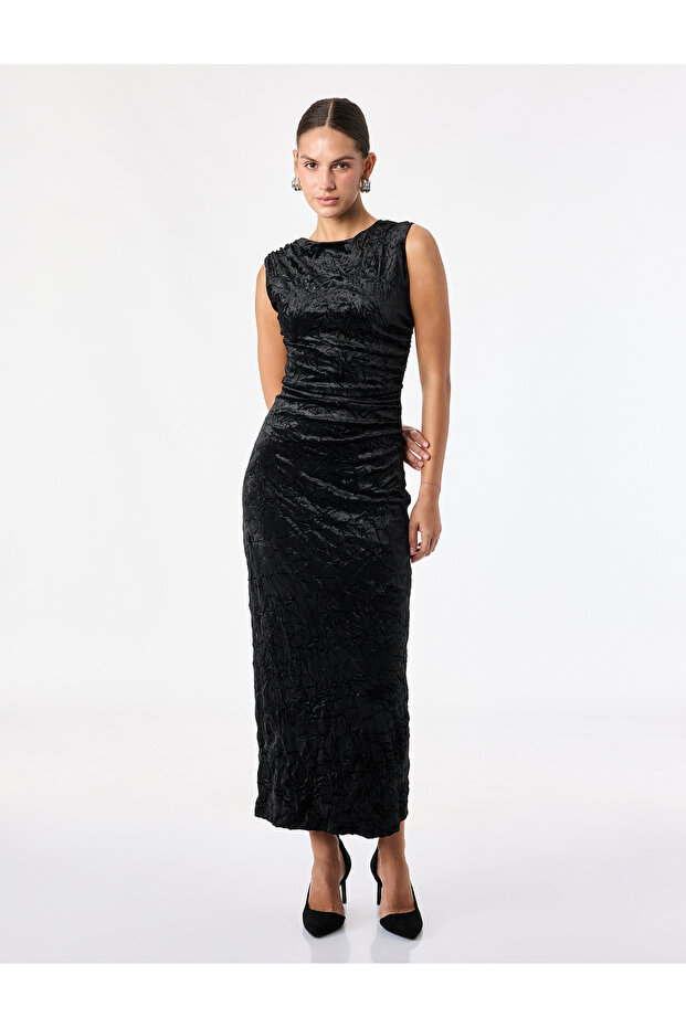 Slim Fit Crew Neck Draped Sleeveless Textured Velvet Midi Dress