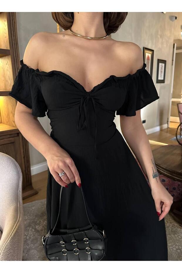 Women's Black Madonna Collar Lace-Up Back Gathered Front Maxi Dress Yel221551