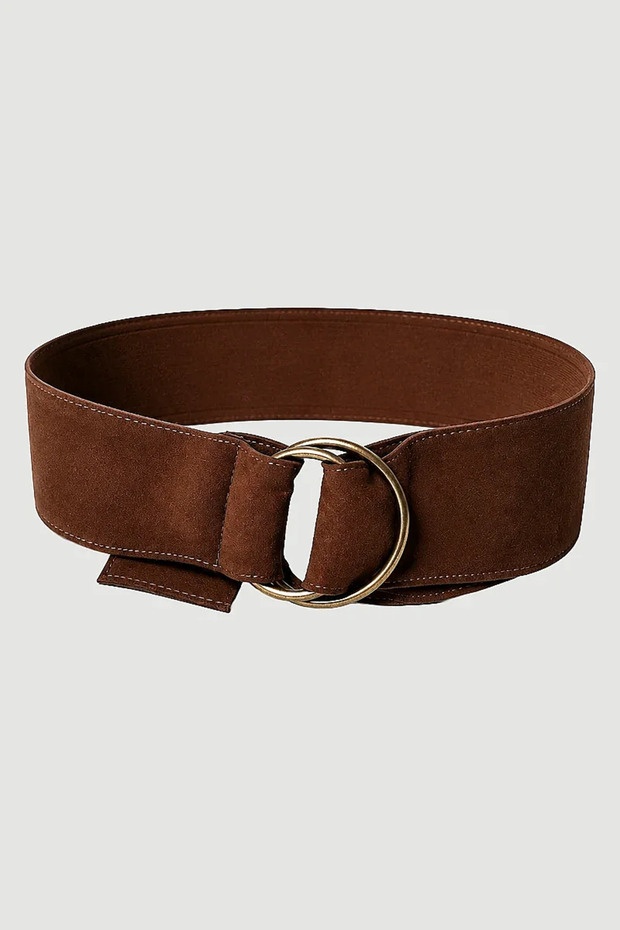 Metal Buckle Fastened Faux Suede Belt - Brown