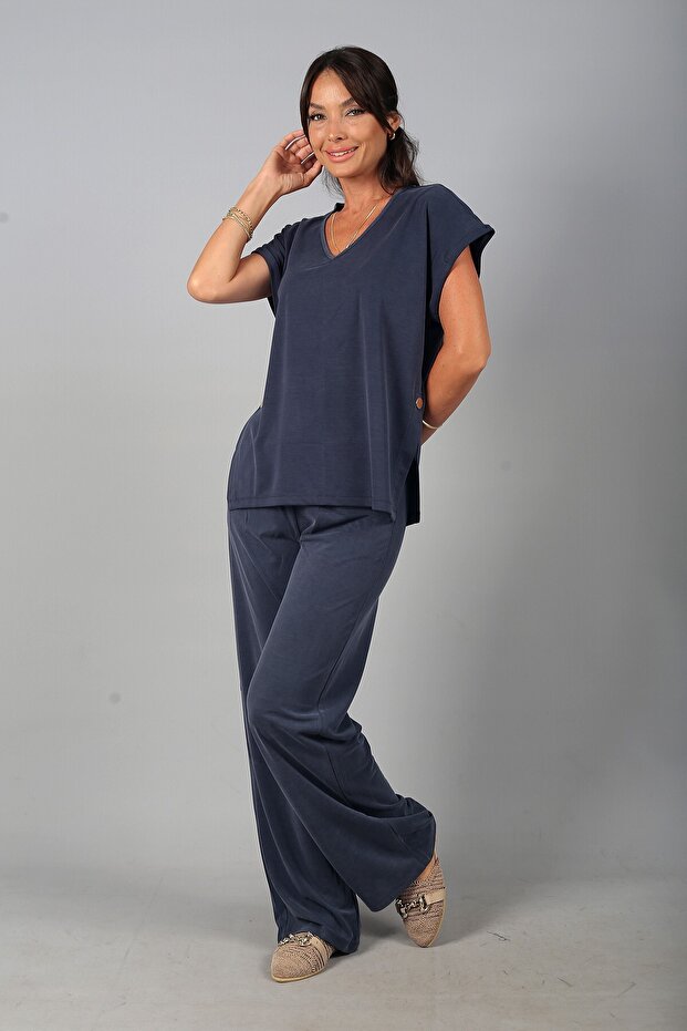 Women's V-Neck Side Gold Buttoned Slit Blouse Elastic Waist Pocketed Wide Leg Pants Lyocell 2-Piece Set