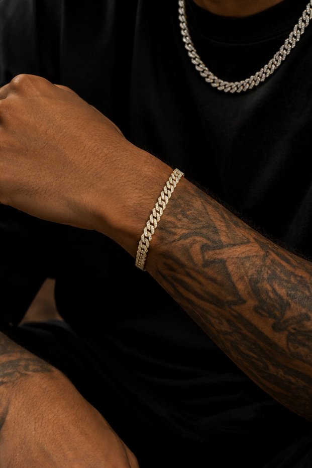 Stone-Encrusted Thin Cuban Chain Bracelet