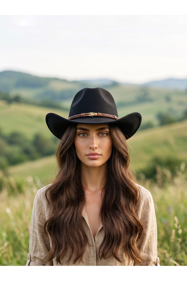 Women's Black Western Cowboy Hat with Knitted Leather Band Cowboy Hat