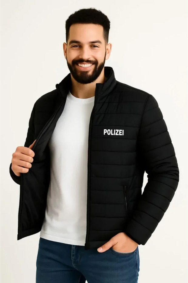 Men's Micro Water Repellent Quilted B Printed Lined Zippered Bomber Jacket - Black
