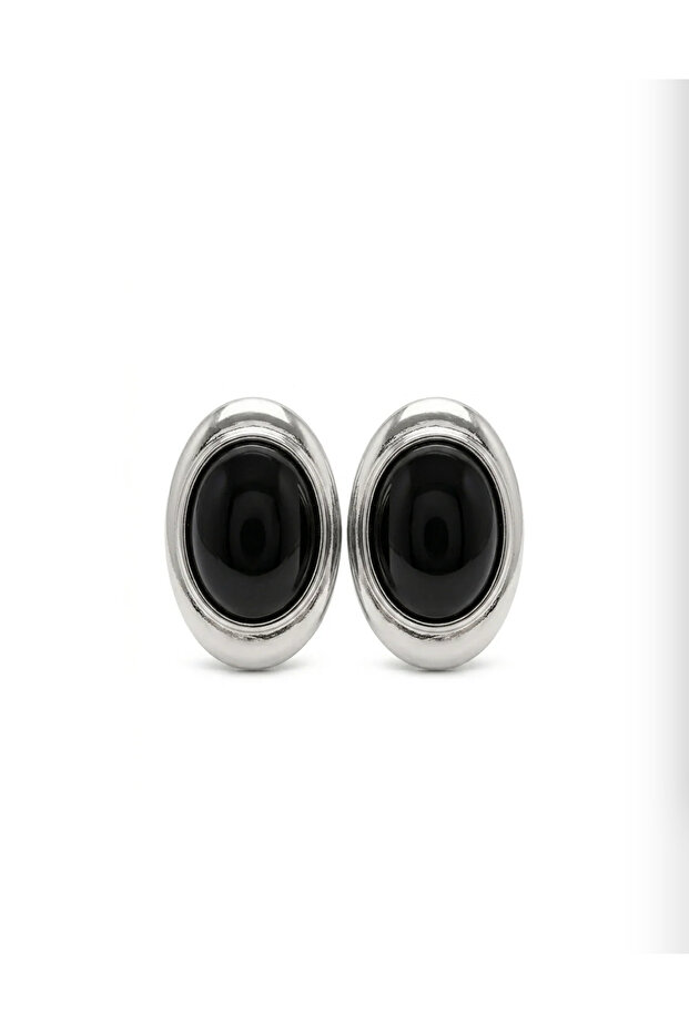 Amore Black Stone Oval Steel Earrings - Silver
