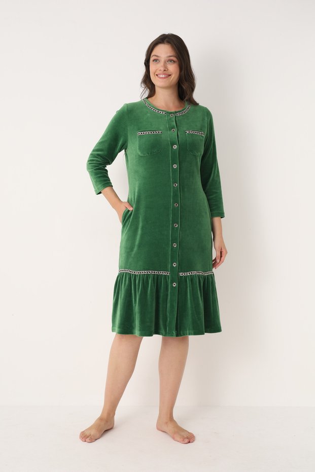 Women's Cotton Buttoned Velvet Dress / Green 3977