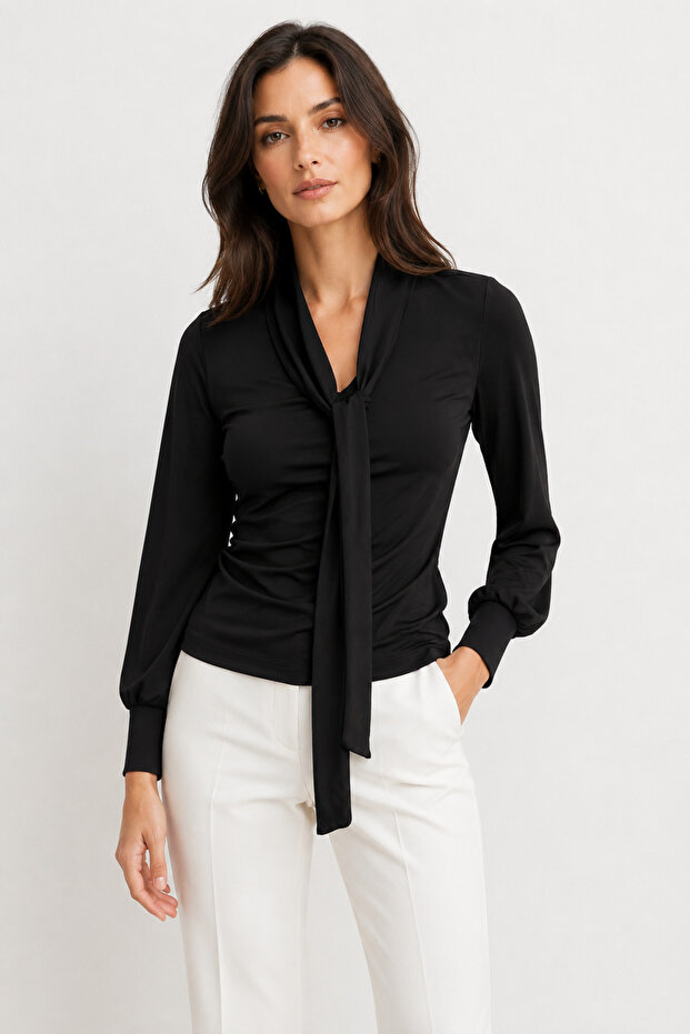 Women's Black Scarf Collar Blouse