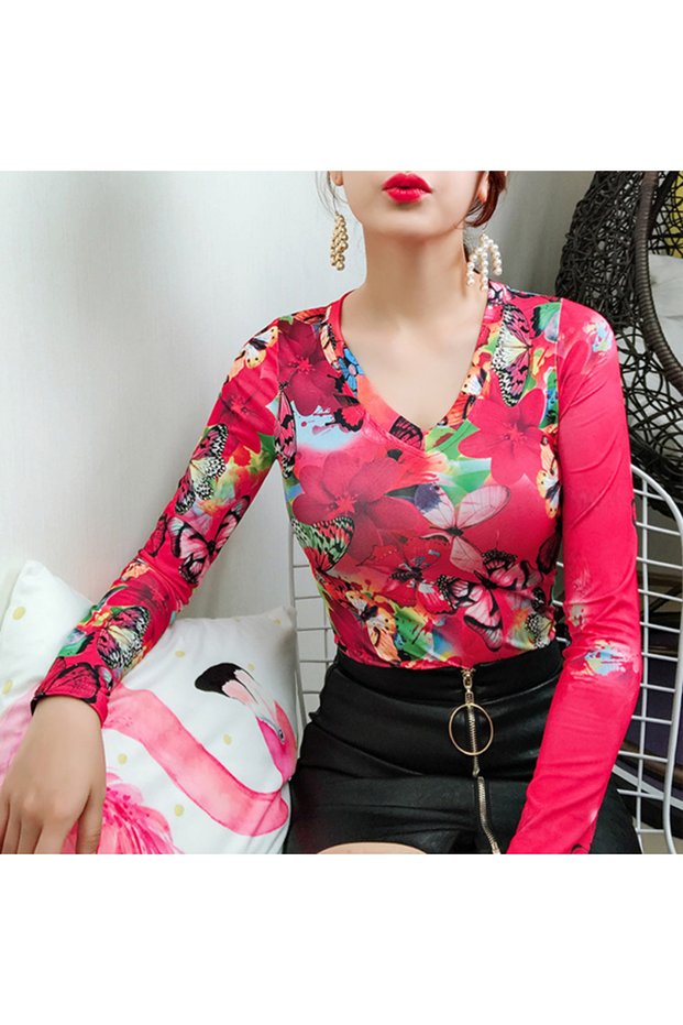 Women's Floral V-Neck Long Sleeve T-Shirt