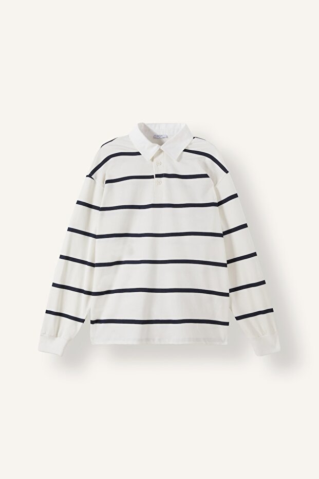 100% Cotton Relax Fit Striped Polo Collar Long Sleeve Sweatshirt H5038Ax26Au