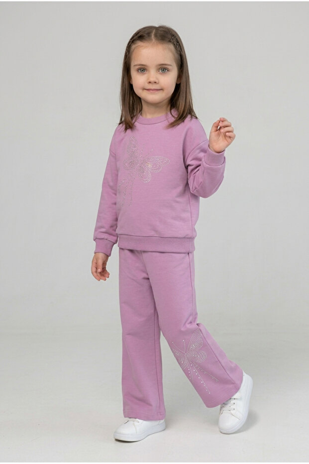 Girl's 2-Strand Combed Cotton Top and Bottom Set with Butterfly Stone Print, Comfortable Fit Sweatshirt & Wide-Leg Pants, Ages 2-6