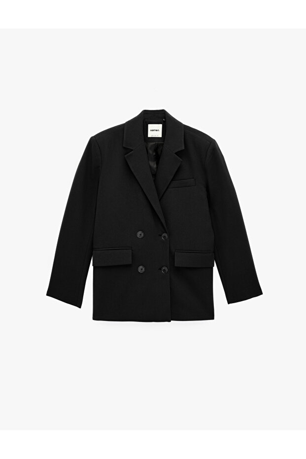 Long Sleeve Pocketed Viscose Blend Buttoned Oversize Double Breasted Collar Blazer Jacket
