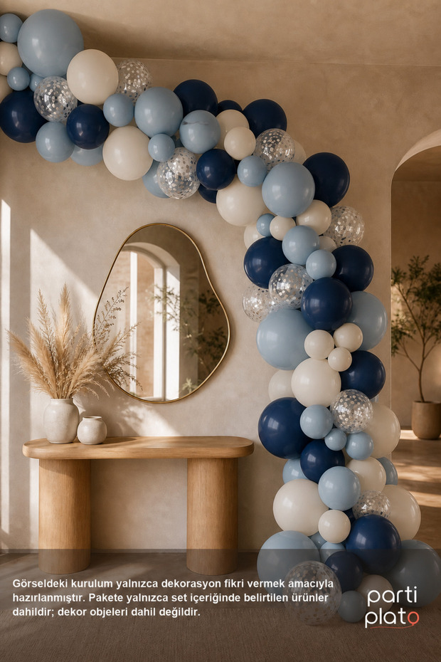 72-Piece Misty Blue Boho Balloon Arch Set, Includes Storm Blue Navy Blue Sea Sand Transparent Silver Confetti Chain Tape