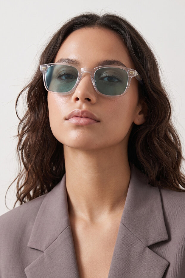 Retro Square Transparent Frame Blue Glass Sunglasses