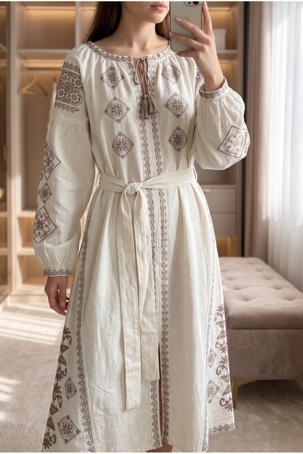 Women's White Embroidered Waist Belted Front Slit Tassel Collar Dress