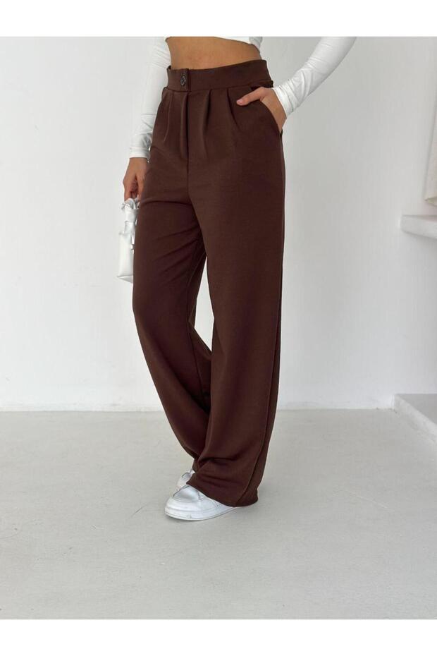 Women's Brown High Waist Crepe Palazzo Trousers Elt10016