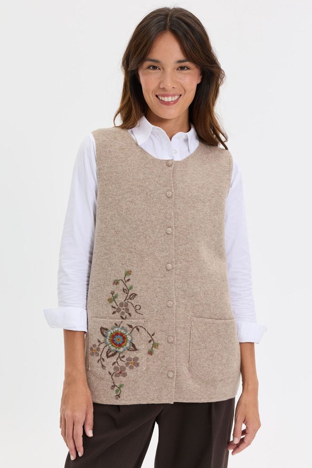 Women's Crew Neck Cross Patterned Short Wool Vest K.Beige