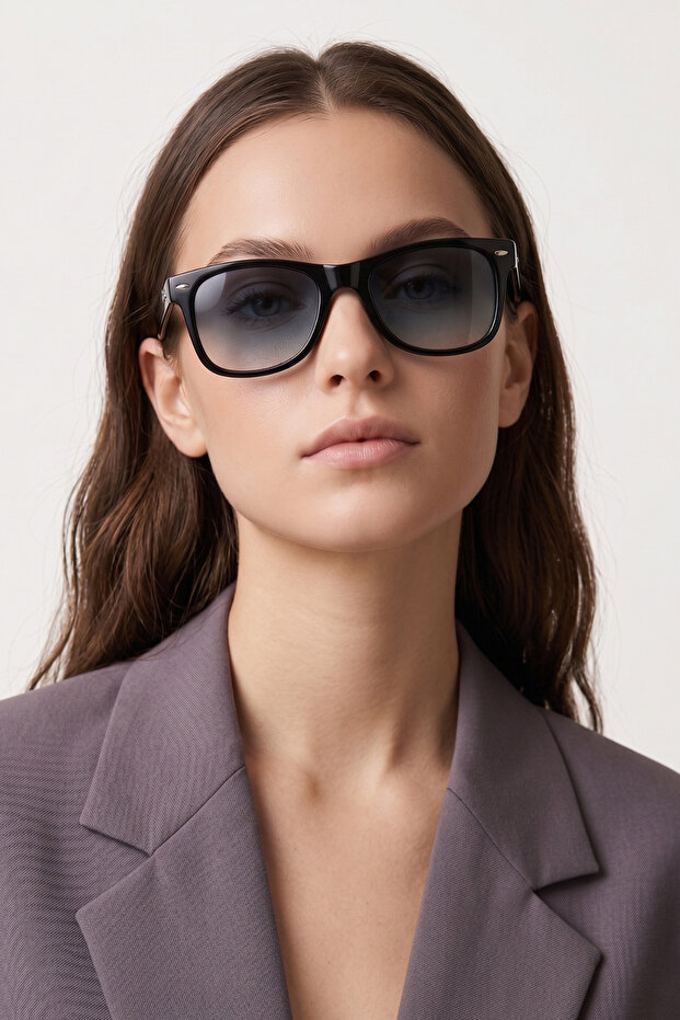 Black Bone Frame Blue Gradient Glass Sunglasses