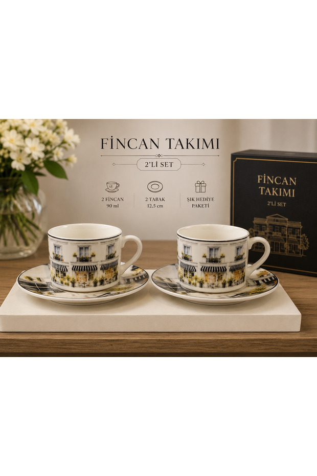 Set of 2 Porcelain Turkish Coffee Cups – Cafe De Paris Patterned – 90 ml