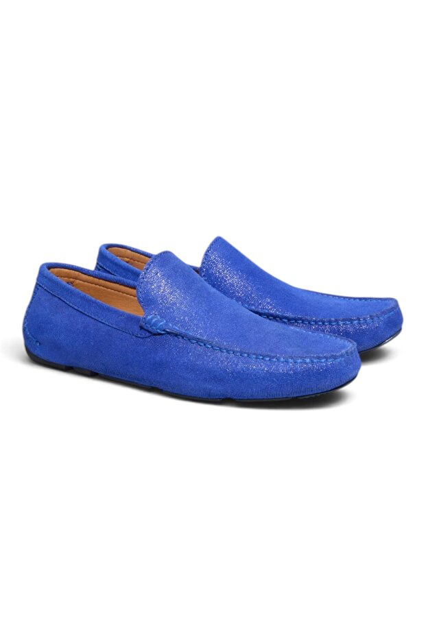 Dark Blue Color Laceless Genuine Leather Men's Shoes