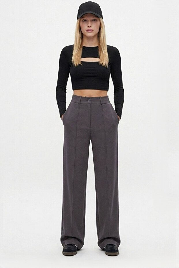Lycra Series Lift Ornamentally Stitched Flexible Dark Anthracite Palazzo Trousers
