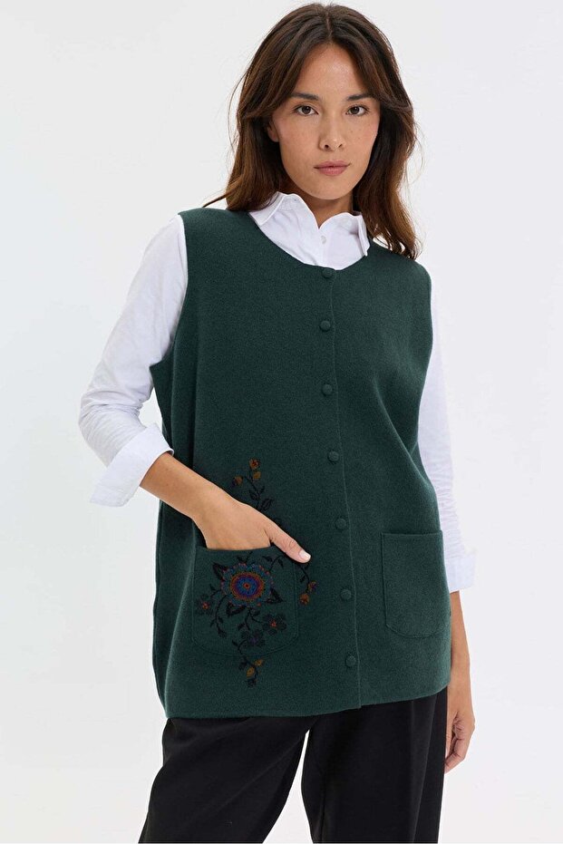 Women's Crew Neck Cross Patterned Short Wool Vest Green