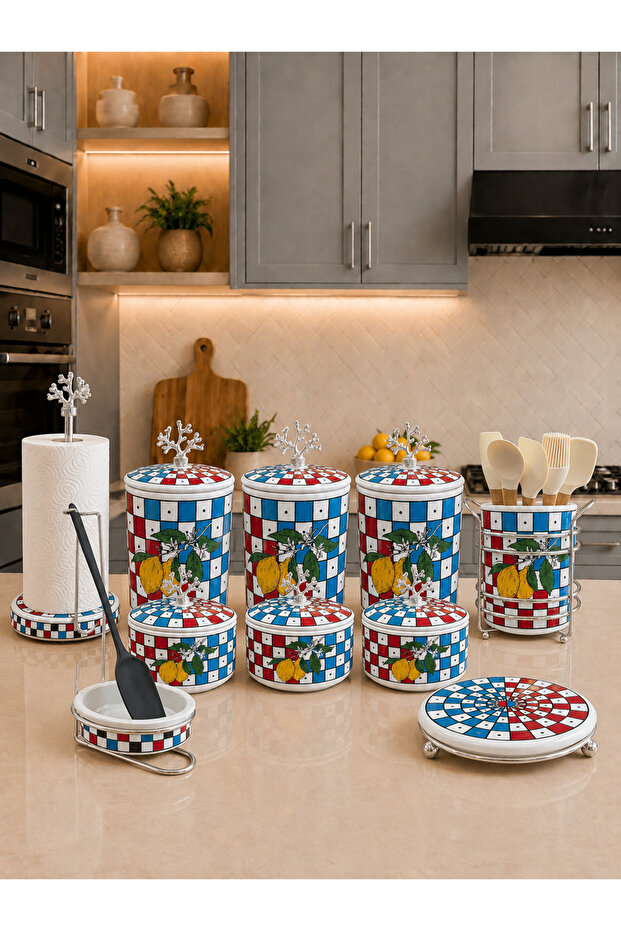 Kitchen Set - Dowry Set 105 Flat Lids 10 Pieces Lemon Checker Color Pattern Silver