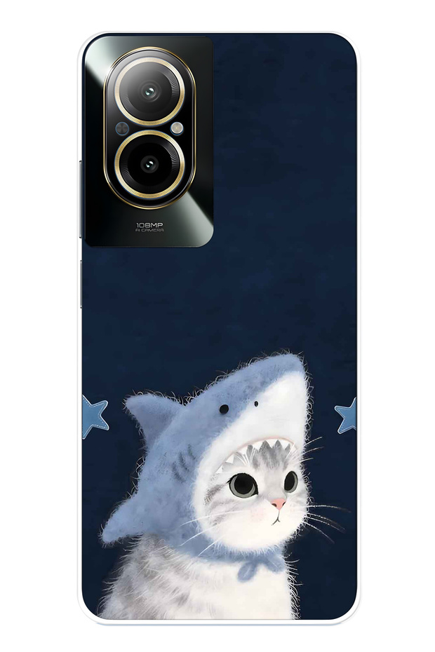Realme 12 Lite Compatible Transparent Phone Case with Shark Costume and Cat Pattern
