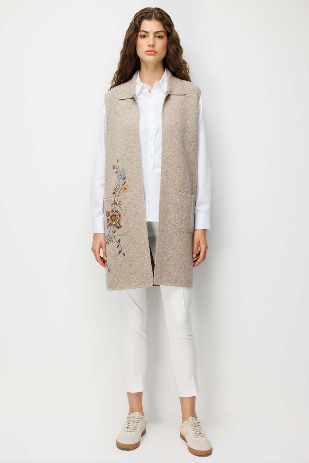 Women's Polo Collar Floral Embroidered Open Front Long Wool Vest K.Beige