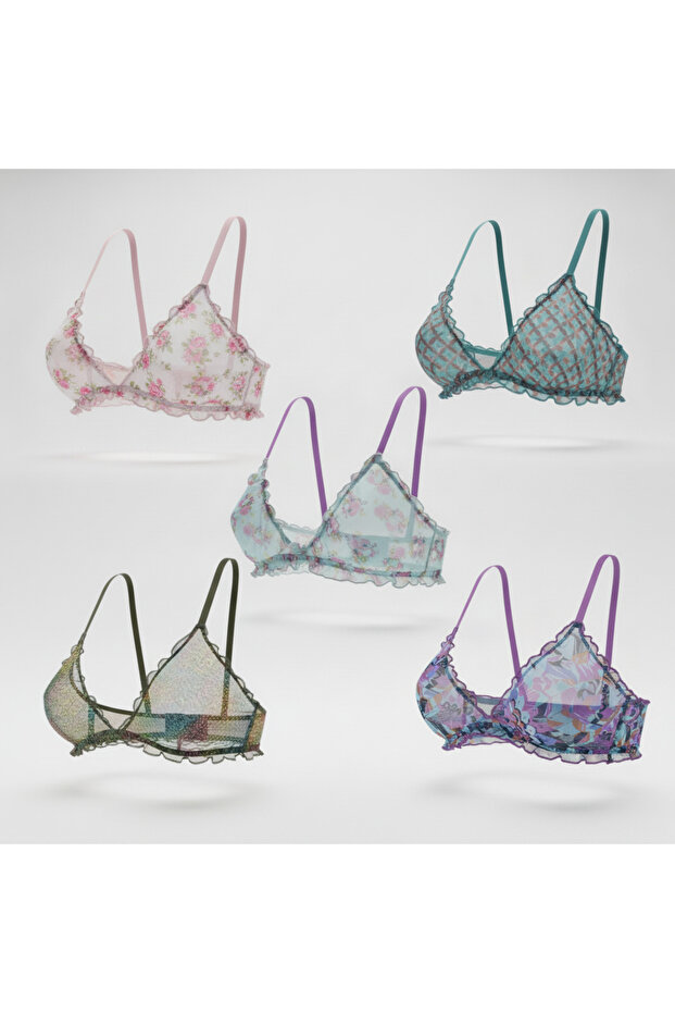 Women's Dowry Box, Gift Box, Transparent Tulle, Ruffled, Without Underwire, Without Support, Pack of 5, 5 Colors, Blue