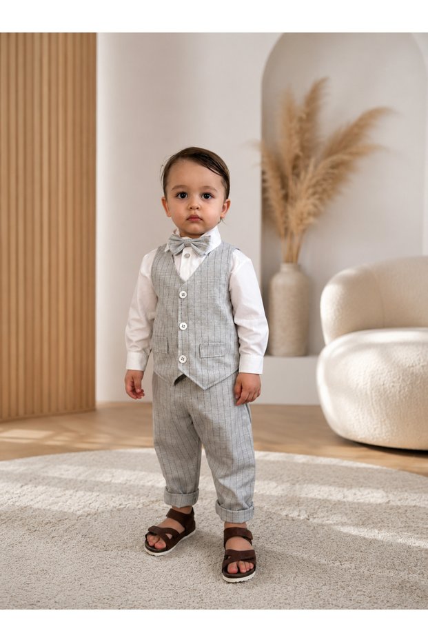 New Striped Boys' 4-Piece Vest Set – Shirt, Pants, Vest & Bow Tie Long-Sleeved Shirt