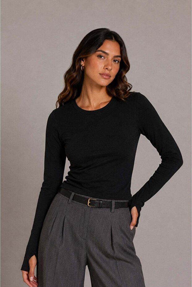 1041 women's cotton crew neck finger-loop long sleeve body blouse black