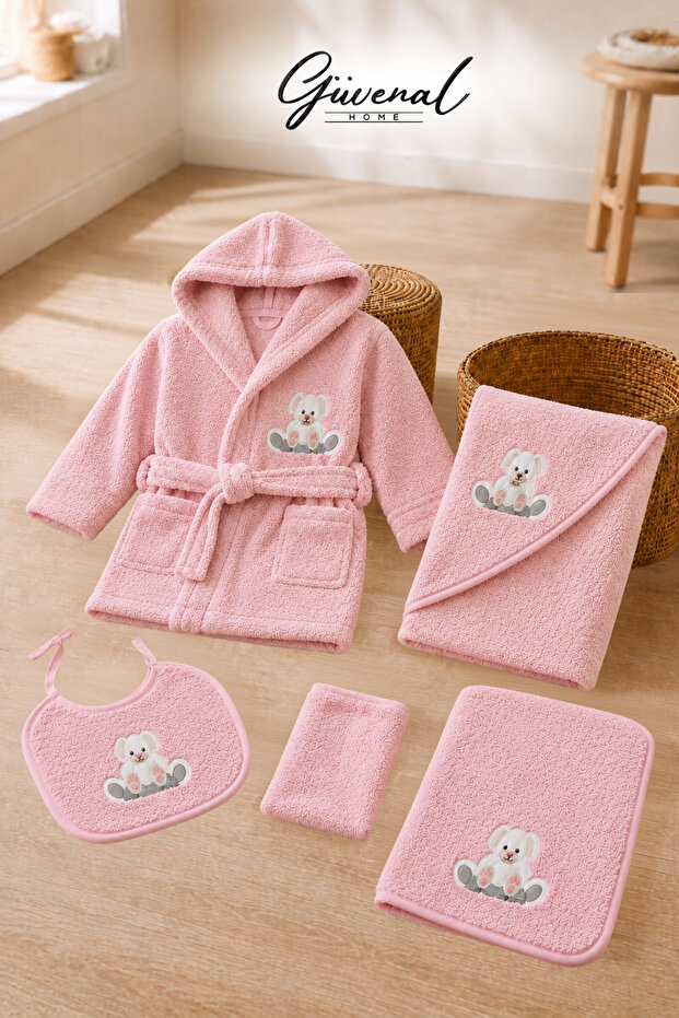 Cotton Candy | 5-Piece Boxed Embroidered Cotton Hooded Baby Bathrobe and Bath Set | Ultra Soft | Baby Bathrobe | Bathroom