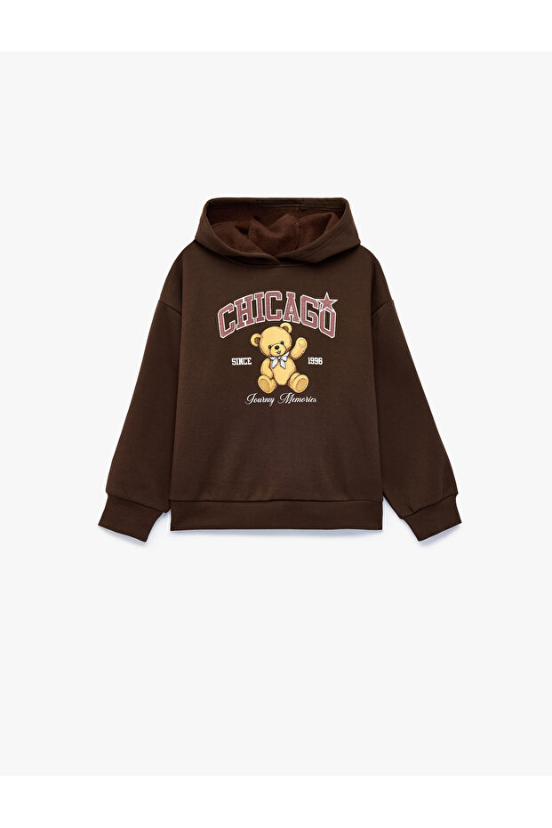 Teddy Bear Printed Hooded Sweatshirt with Long Sleeves and Hood