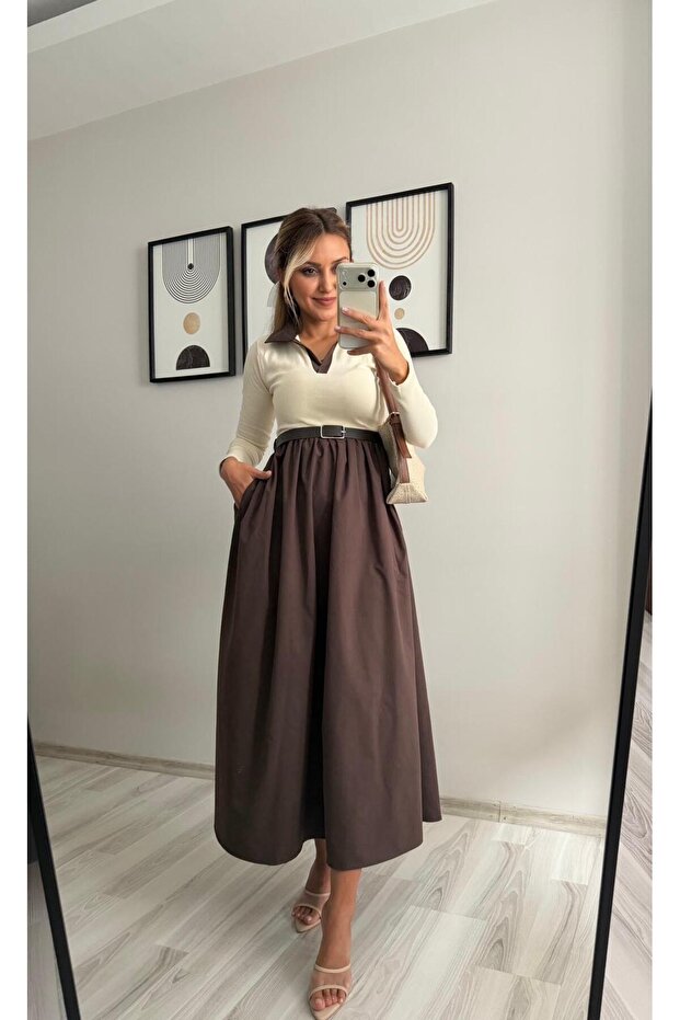 Belted Long Sleeve Camisole Dress with Tencel Skirt