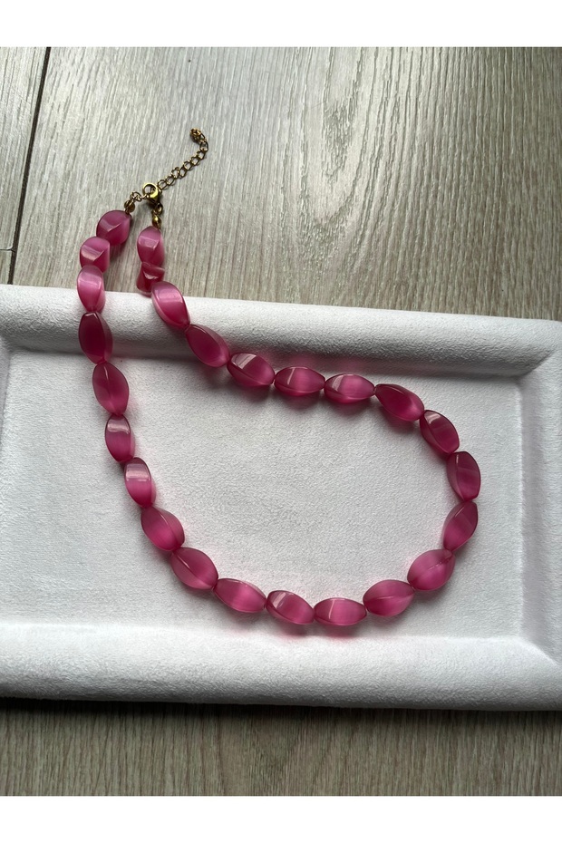 Cat's Eye Pink Natural Stone Necklace with Steel Apparatus