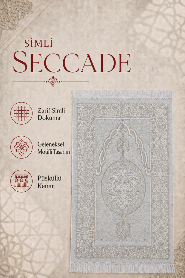 Glittery Prayer Rug with Tassels and Traditional Motifs - Light Beige