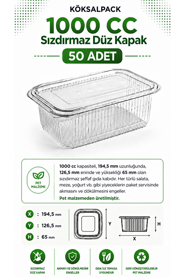 50 Pcs 1000 Cc Leakproof Flat Lid Transparent Pet Food Container Salad Appetizer Yogurt Takeaway Container