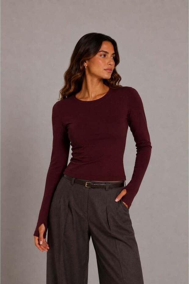 1041 women's cotton crew neck finger-loop long sleeve body blouse burgundy