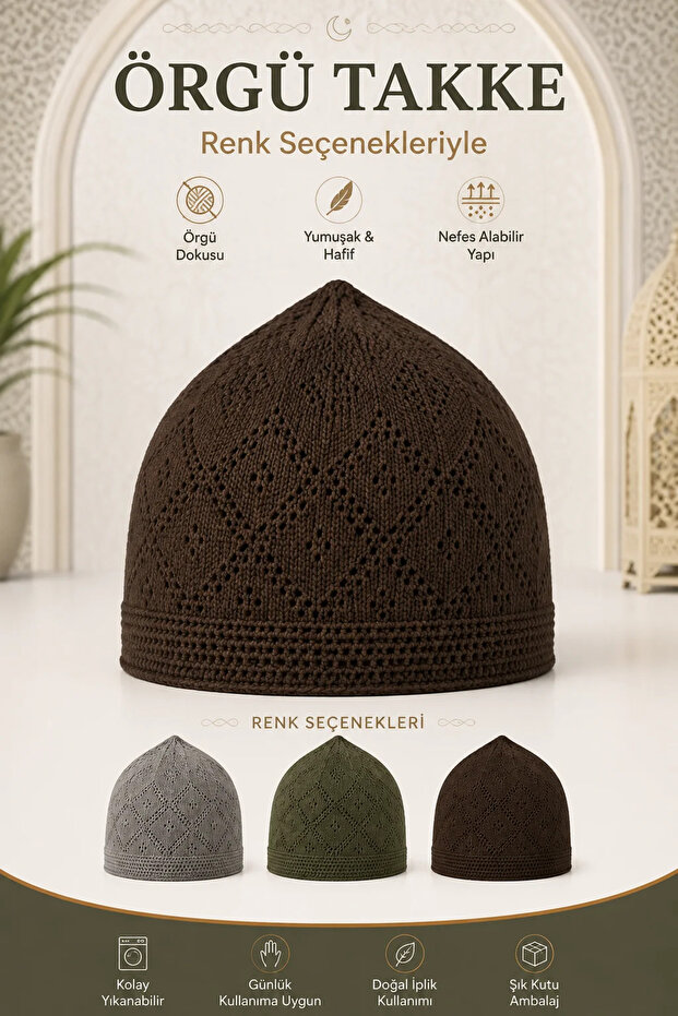 Al Madinah Brown Knitted Men's Skullcap | Namaz Takkesi | 12-Pack