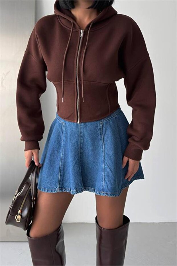 Women's Brown 3-Thread Hooded Zip-Up Crop Sweatshirt Nbg6224