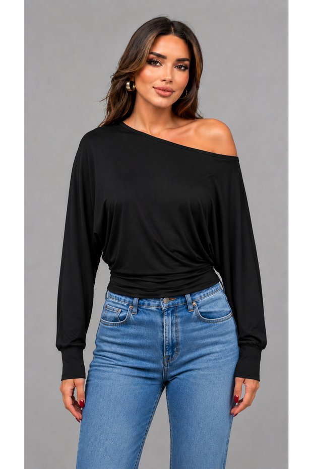 Women's Black Oversize Long Sleeve Boat Neck Bodysuit