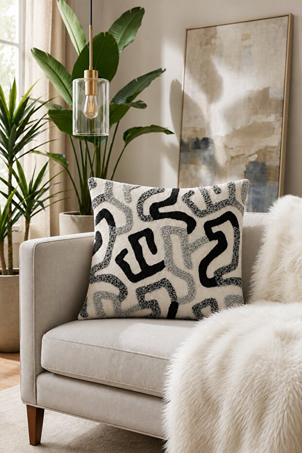 Henna Patterned Throw Pillow Cover 43X43 cm Black