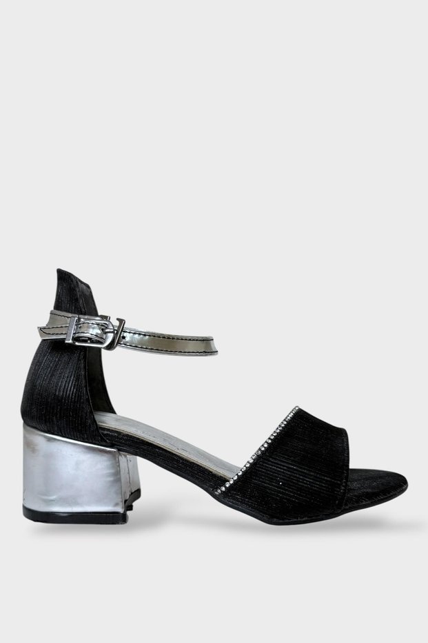 Glittery Stone-Strapped Heeled Evening Dress Girls' Sandals Black